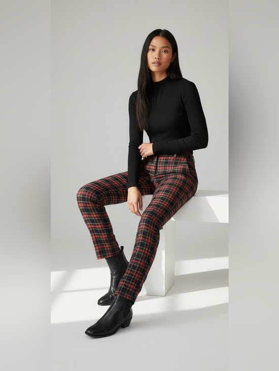 Zara Pants - Plaid Slim Fit Women’s Pants - Red/Navy